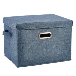 DAYARD Foldable Storage Boxes with Lids Linen Fabric Stackable Storage Bins Organizer Containers Baskets with Cover for Closet Office Nursery, Navy Medium