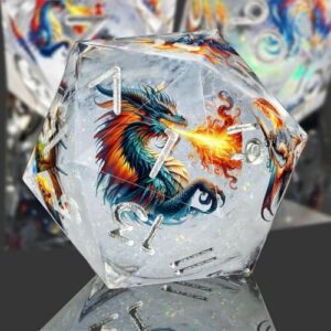 DND Dragon Resin Dice Set 7 Pcs Polyhedral Dice/Transparent Resin Dice with Embedded Dragon Phoenix Art, Premium Tabletop Game Dice for TTRPG, Pathfinder, MTG (White & Silver)