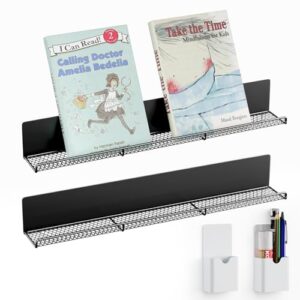 DTUQYX Metal Magnetic Book Shelf: 2-Pack 17” Magnetic Bookshelves for Whiteboard with 2 Pen Containers Strong Adsorption, Durable Floating Book Display Shelf, Movable Office File Holder (Black)