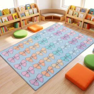 Dunzy Classroom Rug, Educational Area Carpet for Classroom Elementary Seating Decor Pastel Girl Style Rug for Kids Room Children's Teaching Playroom,Pastel Bow,5' X 7'6"