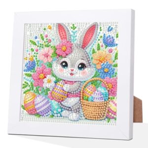 Easter Rabbit Diamond Art Kits for Kids with Frame, 5D Diamond Painting Kits for Kids Ages 4-8-12, Easy Diamonds Gem Art Gift for Girls Boys with Beautiful Package, Craft for Home Wall Decor 7x7inch