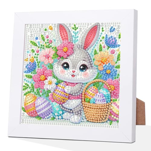 Easter Rabbit Diamond Art Kits for Kids with Frame, 5D Diamond Painting Kits for Kids Ages 4-8-12, Easy Diamonds Gem Art Gift for Girls Boys with Beautiful Package, Craft for Home Wall Decor 7x7inch