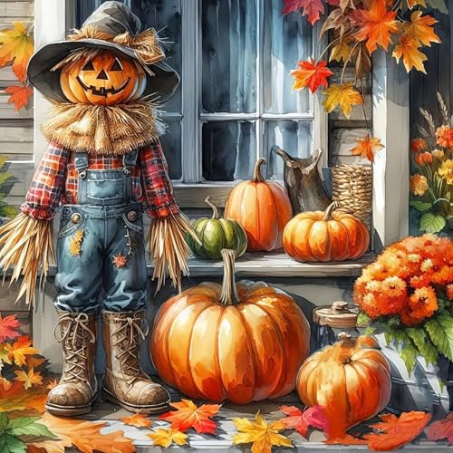 Fall Scarecrow Pumpkin Leaf Diamond Art Painting Kits for Adults, Diamond Painting Kits for Adults Beginners, 5D DIY Full Drill Diamond Dot Gem Art Kits for Adult, Home Wall Decor 13.8x13.8 Inch