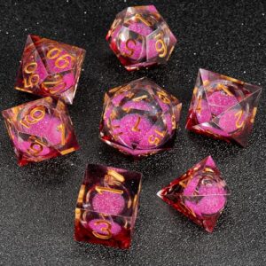 Fugacity DND Dice Set, Liquid Core Handmade Sharp Edge 7 Piece Resin Dice-Dungeons and Dragons Polyhedral Dice Set, D&D Dice Set with Gift Dice Case for RPG MTG Table Games(Pink Sand & Golden)