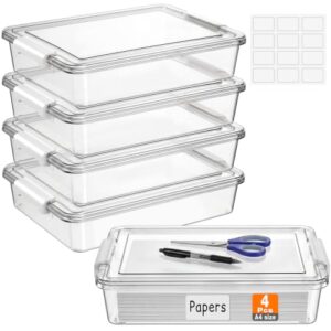 Fullhawl 4 Pcs Clear Classroom Paper Storage Bins with Lids, White