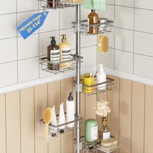 GearFusion Shower Caddy Organizer Tension Pole, Rustproof 4 Tier Corner Shower Rack with 25–114 Inch Adjustable Height for Bathroom Storage, Extra Towel Rack, Soap Dish and Toothbrush Holder, Silver
