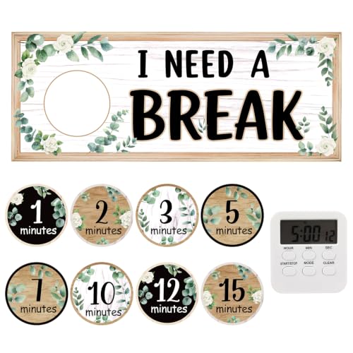 gisgfim 10PCS Calm Down Corner Supplies Classroom Special Education I Need a Break Magnetic Visual Cards with Break Card and Timer Visual Magnetic Timer for Classroom(Eucalyptus)