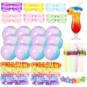 Glimin 56 Pcs Summer Beach Party Favors Set Included Inflatable Beach Balls Colorful Sunglasses Drink Straws Hawaiian Flower Leis for Luau Pool Party and Summer Events