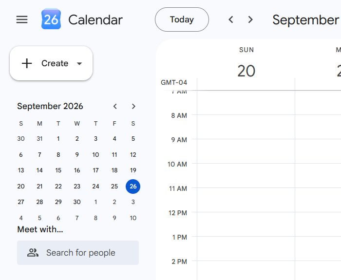 Google Calendar open in a browser with the Create button at the top left