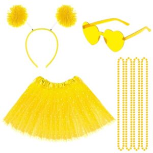 Haakong 80s Tutu Accessories Yellow Tutu Skirt Heart Sunglasses Pom Headband Necklace Halloween Mardi Gras for Little One