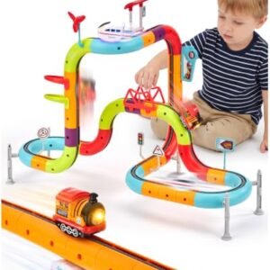hahaland Electric Train Set for Kids Ages 4-8, Flexible Race Track - 64PCs