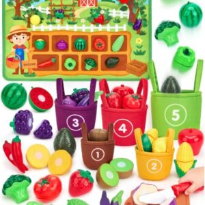 hahaland Farm Sorting Play Food Toy Cutting Fruits Set with Play Mat Age 2+