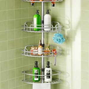 HAMITOR Corner Shower Caddy Tension Pole 4 Tier Rustproof Shampoo Organizer