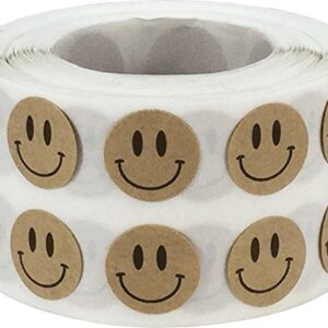 Happy Face Stickers Natural Brown Kraft Labels, 0.50 Inch Round Circle Adhesive Stickers, 1,000 Total Reward Labels on a Roll for Teachers, Charts, Crafts – Made in the USA