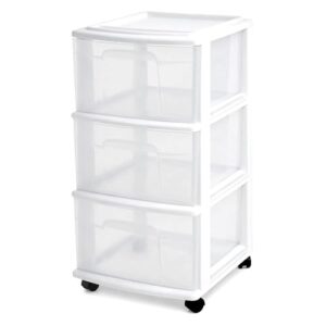 HOMZ Drawer Tower, 3-Tier Storage Cart with Removable Wheels, White Frame