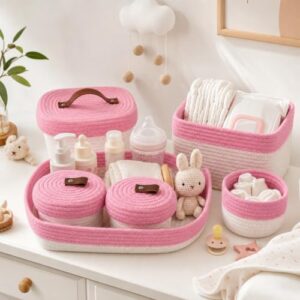 Hushee 6 Pcs Diaper Caddy Cotton Baskets Set Pink Small Storage Baskets