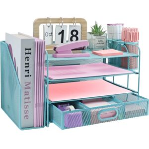 ideallife Desk Organizers and Accessories with File Holder, 4-Tier Paper Letter Tray Organiser with Drawer and 2 Pen Holder, Mesh Desktop Document Organizer for Office Supplies, Workspace - Blue