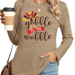 Ithalt Thanksgiving Shirts for Women Gobble Till You Wobble T Shirts Thanksgiving Turkey Tshirts Gobble Fall Long Sleeve Tops(LightDarkGreen1, Medium)