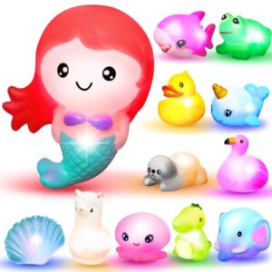 JOYIN 12 PCS Light Up Bath Toys, Toddler Flashing Colourful LED Bathtub Mermaid Toy, Baby Bathtime Floating Rubber Shower Gifts for Infant Kids Girls Valentines Easter Basket Stuffers Pool Party Favor