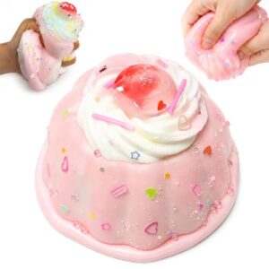 Jumbo Squishy Fidget Toy, Soft Kawaii Dessert Squishies for Stress Relief, Cute Strawberry Jelly Pudding Squeeze Toy for Adults, Desk Decor Party Favors Goodie Bag Stuffers (Cake)