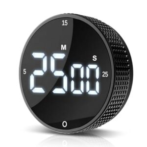 JUNVIL Digital Kitchen Timer - Magnetic Countdown Count Up Clock with Large LED Display, 5/15/25 Min Presets, 3 Volume Levels, Rotary Dial for Cooking, Productivity, Classroom, Fitness (1, Black)