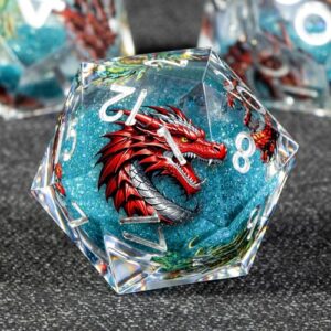 KERWELLSI Liquid Core Dragons Pattern Dice, Resin DND Dice Set with Gift Box, Blue Sharp Edged Dungeons D&D Dice, Role Playing Game Dice D20 D12 D10 D8 D6 D4