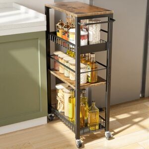Kssiaz Slim Rolling Storage Cart, 4 Tier Narrow Storage Cart, 9.1in(W)
