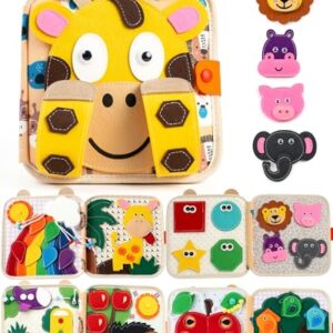 LADFAR Montessori Busy Book, 8-Page Sensory Activity Toy, Giraffe