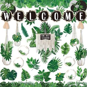 Lincia Boho Classroom Decor: 124 Pcs Plant Themed Bulletin Board Set - Welcome Banner, Macrame Header, Hexagons, Leaves, Trims - Waterproof, Easy to Use - Classroom Decor
