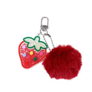 LOHGOU Cute Pom Pom Keychain Faux Rabbit Fur Ball Bag Charm, Plush Pompoms Charms for Women (Strawberry)