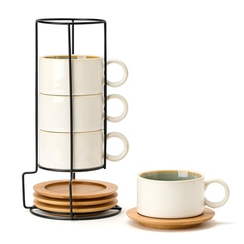 LUKA 6 Ounce Porcelain Stackable Espresso Cups with Saucers and Metal Stand Set of 4, Ceramic Cappuccino Cups Set for Specialty Coffee Drinks, Latte, Cafe Mocha and Tea, White Green Interior
