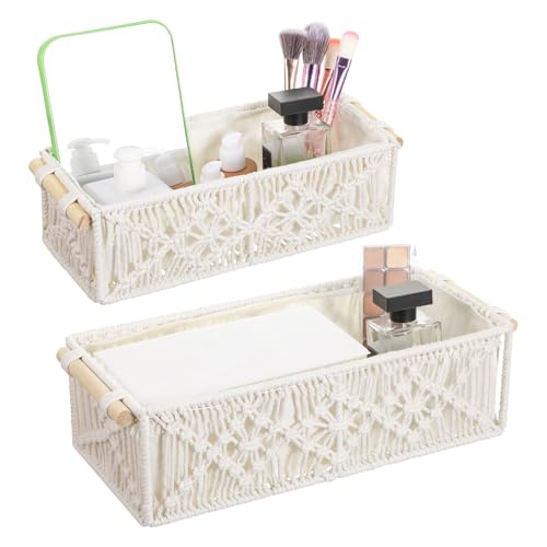 Macrame Storage Baskets Boho Decor Gift Box Woven Toilet Paper Basket with Wood Handles Home Decorative Baskets for Organizing on Shelf Cabinet Countertop Livingroom - Set of 2