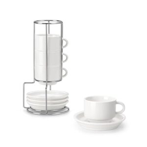 MALACASA 2.5 OZ Porcelain Espresso Cups with Saucers and Metal Stand Set of 4, Stackable Cappuccino Cups, White Expresso Shots Cup Set for Coffee Drinks, Latte, Tea