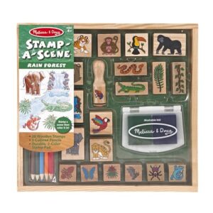 Melissa & Doug Stamp-a-Scene Stamp Set: Rain Forest - 20 Wooden Stamps, 5 Colored Pencils, and 2-Color Stamp Pad