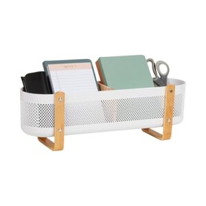Mind Reader Divided Storage Basket with Legs, Accessory Holder, Desktop Organization, Office, Plastic, 19.25"L x 5.25"W x 6.5"H, White and Brown