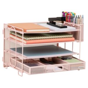Mind Reader Mesh Desk Organizer, 3 Trays, 1 Drawer, 2 Pen Holders, Office Desktop Organizer, Metal Mesh, Pink