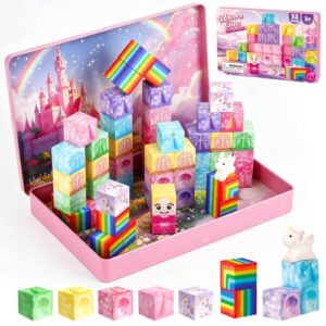 Mini Magnetic Blocks Travel Set with Magnetic Case-52 PCS Magnet Building Cubes Unicorn Toys for Kids 3-5, Toddler Travel Toys Airplane Essentials, STEM Montessori Toys Christmas Stocking Stuffers
