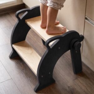 Montessori Kids 2 Step Stool Foldable Solid Wood Toddler Stool, Black