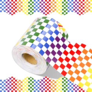 Motiskyy 65ft Back to School Gingham Bulletin Board Border Rainbow Checkered Scalloped Border Trim Colorful Block Plaid Classroom Decor Teacher Supplies for Welcome Office Home Decor