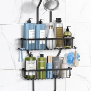MSAICOE Shower Caddy Hanging - Never Rust Shower Hanging Organizer - Aluminum Over the ShowerHead Caddy with Soap Basket and 6 Hooks for Razor/Sponge (Black)