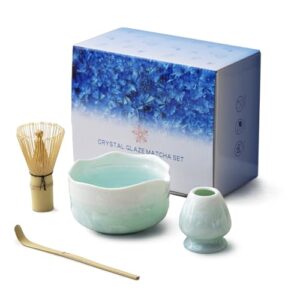 Natural Crystal Flower Matcha Set - 4 Pcs Food Grade Matcha Kit with Spouted Bowl, Matcha Whisk, Scoop and Chasen Holder - Matcha Tea Ceremony Gift for Matcha Lovers (Pine Shadow)