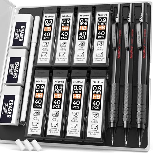 Nicpro 0.9 Metal Mechanical Pencil Set with Case, 3PCS Black MP1000 0.9mm Drafting Pencil, 8 Tubes HB Lead Refills, 3PCS Erasers, Erasers Refills for Artist Writing, Drawing, Sketching
