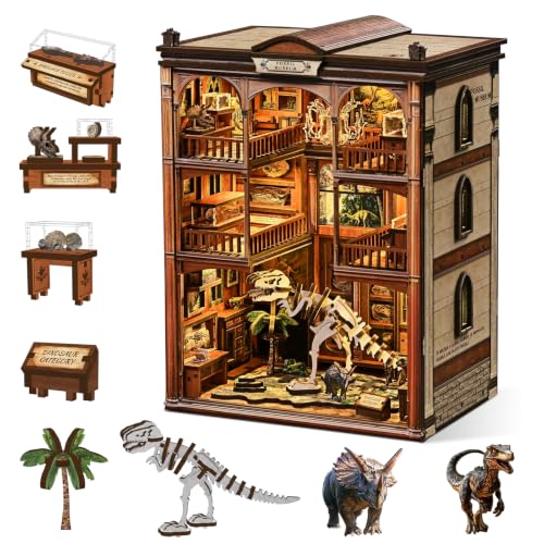Nisuez Book Nook Kits for Adults, 3D DIY Miniature Wooden Puzzle with LED Light, Adult Crafts Kits, House Bookshelf Decor, 316 Pieces Model Building Gift for Adults & Teens (Dinosaur Fossil Museum)