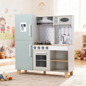 OAPKIJN Play Kitchen Toddlers, Wooden Toy Kitchen Playset for Kids with Simulated Lights & Sounds,Montessori Wood Kitchen with Sink, Stove, Microwave, Storage and 6PCS Stainless Steel Kitchenware