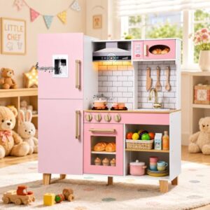 OAPKIJN Wooden Play Kitchen for Kids Ages 3+, Pretend Toy Kitchen with Real Lights & Sounds, Stove, Sink, Microwave &,Storage, Montessori Kitchen Playset with 6PCS Cookware for Toddlers