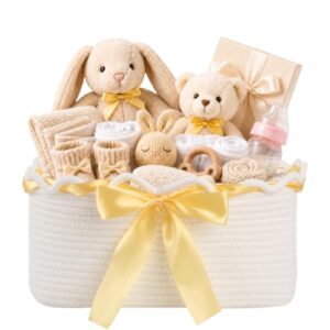 OIAHOMY Empty Gift Basket to Fill, Woven Storage Bin with Gift Bag & Ribbon, 13.6"x10"x5.9" Storage Basket Empty for Holiday Presents, Baby Shower & Home Decor, Toy Organizer for Kids, White