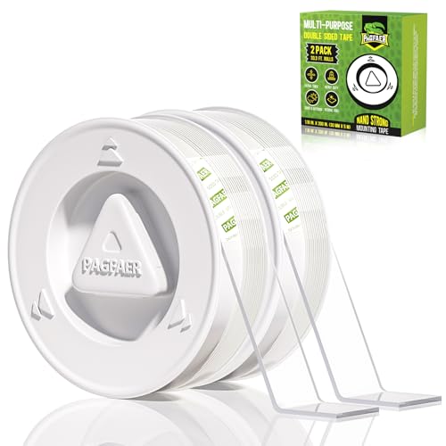 PAGFAER Double Sided Tape Heavy Duty, Double Sided Mounting Nano Tape 16.4FT, Clear & Tough Two Sided Adhesive Tape, Removable Picture Hanging Strips for Wall, Poster, Carpet, Home Office, 2 Pack