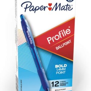 Paper Mate Profile Retractable Ballpoint Pens, Bold Point (1.4mm), Blue, 12 Count (Pack of 12)
