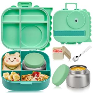 Pawtong Bento Lunch Box with Thermo, 4-Compartment Bento Box with Adjustable Dividers, Leakproof Dinosaur Lunch Box with 14.2OZ Insulated Food Jar & Sauce Jar, for School Office Travel(Green)