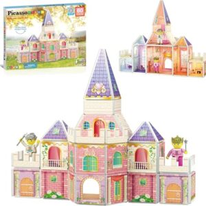 PicassoTiles Magnet Building Tiles+Princess Castle Theme Magnet Tile with 2 Action Figures, Building Blocks Construction Toy Block Stack, Magnet Tile Construction Medieval Castle playset